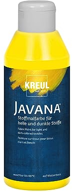 KREUL 91462 - Javana Stoffmalfarbe für helle und dunkle Stoffe, 250 ml Flasche gelb, brillante Farbe auf Wasserbasis, pastoser Charakter, zum Stempeln und Schablonieren, nach Fixierung waschecht