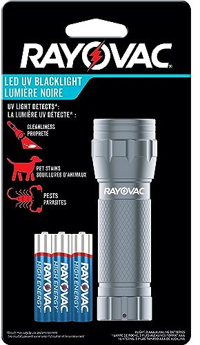 Rayovac UV Flashlight Black Light, Ultraviolet Light for Detecting Pet Stains and Auto Leaks, Flash Light with AAA Batteries Included, Pack of 1