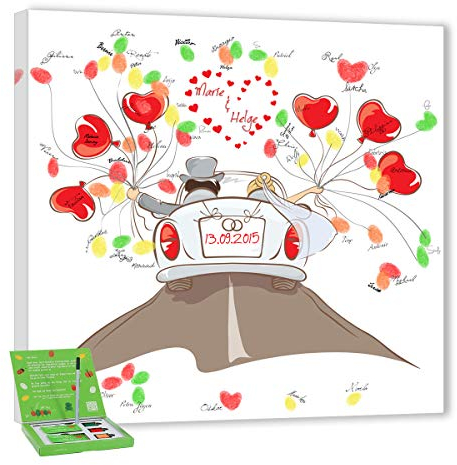 galleryy.net Wedding Tree Leinwand 60x60 mit NAMEN & DATUM - INKL Zubehör-Set (Stempelkissen+Stift+Anleitung+Hochzeitsbuch+...) Hochzeitscorso Flitterwochen - Wedding Tree Leinwand