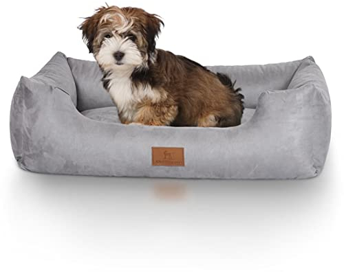 Knuffelwuff Hundebett Dreamline aus Velours M-L 85 x 63cm Grau - abnehmbarer Bezug - leicht zu reinigen - für große, mittelgroße und kleine Hunde
