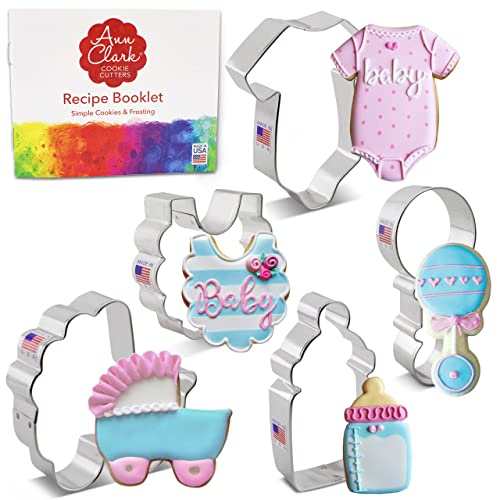 Juego de 5 cortadores de galletas para baby shower, fabricado en los Estados Unidos por Ann Clark, mameluco, babero, sonajero, biberón, carrito de bebé