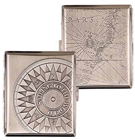 SMOKERTOOLS 18th century style metal cigarette case in chrome antique compass design with clips
