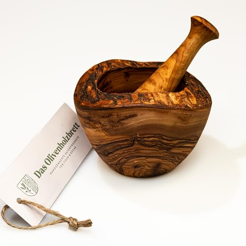 DAS OLIVENHOLZBRETT® / Mörser und Stößel aus Olivenholz im Naturschnitt/Olivenholzmörser & Stößel Set/Holzmörser/robuster Knoblauch, Kräuter und Gewürz-Mörser ca.18cm