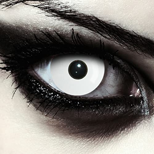 DESIGNLENSES, weiße farbige Zombie Kostüm Kontaktlinsen, 1 Paar (2 St.) Farblinsen für Halloween in weiß + Gratis Behälter Whiteout mit Stärke -4,50
