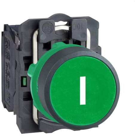 Schneider Electric Harmony XB5 - Push Button Switch, Plastic, Spring Return, 1NO, 22 mm Mount, Marked I, Flush Operator Profile, XB5AA3311, Green