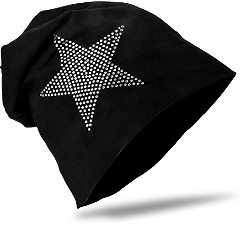 Miobo Kinder Slouch Beanie Mütze,Baumwolle,Strass Stern Schwarz 48