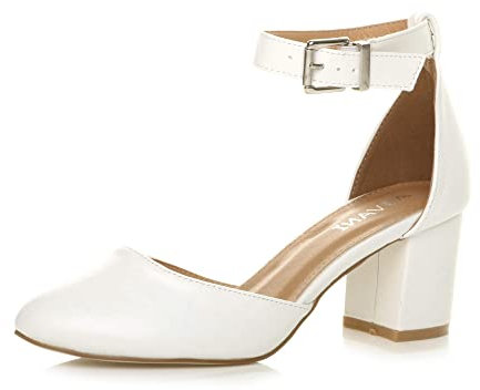 Ajvani Womens Ladies Low mid Block Heel Ankle Strap Court Shoes Sandals Size, White Matte, 4 UK