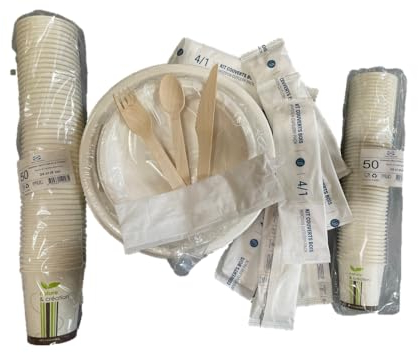 ADISERVE Pack Vaisselle biodégradable Complet Rond en Canne à Sucre 50 Personnes Assiette,Assiette à Dessert, kit Couverts Bois + Serviettes gobelets Boisson gobelet café
