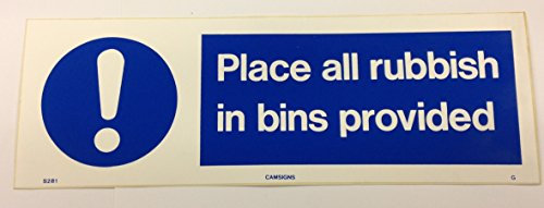 PLACE ALL RUBBISH IN BINS PROVIDED CATERING SIGN 300x100mm SELF ADHESIVE VINYL