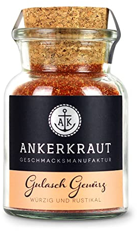 Ankerkraut Gulasch, Gewürzmischung mit Zwiebel, Majoran, Kümmel, Paprika edelsüß, Knoblauch, Piment und Pfeffer, schmeckt zu Nudeln und Kartoffeln, 80 g im Korkenglas