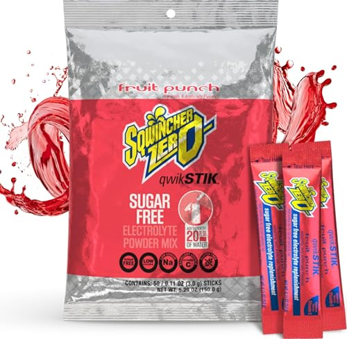 Sqwincher Zero Qwik Stik, Fruit Punch, Sugar Free, Low Calorie, Low Sodium Electrolyte Powder Hydration Drink Mix, .11 0z Packet (Pack of 50)