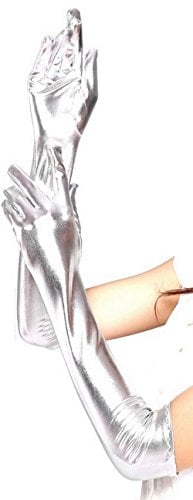 krautwear® Damen Finger Handschuhe Glitzer Metallic ca. 44 cm Lang Gold Silber (BL9127-silber)