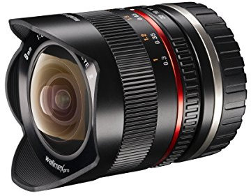 Walimex Pro 8mm 1:2,8 Fish-Eye II CSC-Objektiv schwarz für Canon M Objektivbajonett (manueller Fokus, für APS-C Sensor gerechnet, IF, mit fester Gegenlichtblende)