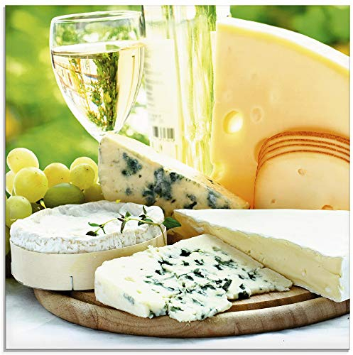 ARTland Wanddeko Glasbilder Wandbild Glas Bild einteilig Quadratisch Toskana Italien Käse Weißwein Wein Brotzeit Sommer Urlaub T5QM