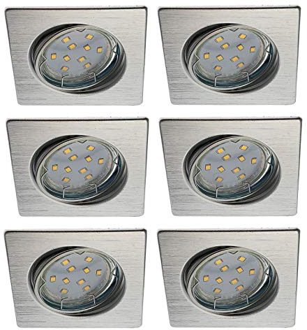 Trango 6er Set LED Einbaustrahler 6729-069S-5WAK in Aluminium gebürstet Eckig inkl. 6x 5 Watt 3000K warmweiß GU10 LED Leuchtmittel und Fassung, Einbauleuchte, Deckenspots, Einbauspots, Deckenleuchte