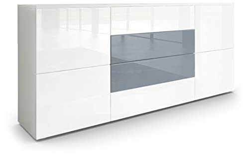 Vladon Sideboard Rova, Made in Germany, Kommode mit 4 Türen und 4 Schubladen, Weiß matt/Weiß Hochglanz/Grau Hochglanz (166 x 72 x 35 cm)