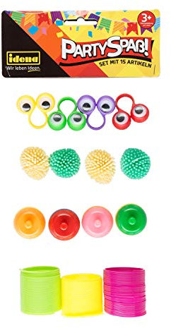 Idena 40441 Partyspaß Set mit 15 Artikeln, 3 Treppenläufer, 4 Stachelbälle, 4 Kreisel, 4 Fingerringe mit Wackelaugen - kleine, kultige Klassiker zum Spielen, Experimentieren und Entspannen