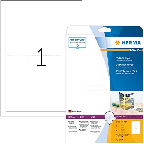 HERMA 5037 CD DVD Einleger für Jewel Case Hüllen perforiert, 25 Blatt, 273 x 183 mm, 1 pro A4 Bogen, 25 Stück, bedruckbar, matt, blanko Papier-Cover Inlays, weiß