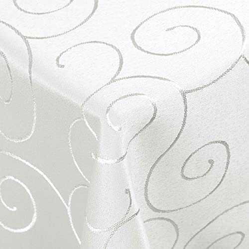 Kringel/Circle Tafeldecke Form, Größe & Farbe wählbar- Eckig 130 x 300 cm - Weiss Damast Tischdecke
