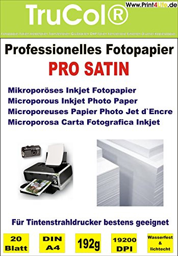 trucol 20 Blatt DIN A4 PRO Satin/glänzend seidenglänzend 192g /m² mikroporöses beschichtet Silk Inkjet Fotopapier schnelltrocknend wasserfest lichtecht Keramik beschichtet bis 19200 DPI bedruckbar