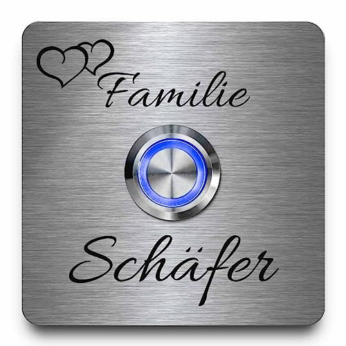 CHRISCK design Hochwertige Edelstahl Klingelplatte mit Gravur - Modell Schäfer ab 7x7 cm | Personalisierte Türklingel mit Wunschtext und Motiven - Moderner Klingeltaster mit Led-Beleuchtung