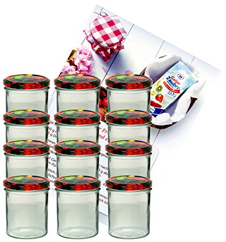 MamboCat 12er Set Sturzglas 350 ml Marmeladenglas Einmachglas Einweckglas To 82 Obst Deckel incl. Diamant-Zucker Gelierzauber Rezeptheft