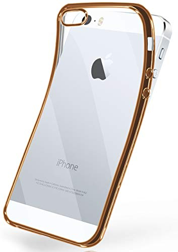 moex Transparente Silikonhülle im Chrome-Style kompatibel mit iPhone 5s / 5 / SE (2016) | Flexibler Schutz mit Hochglanz Metallic Rahmen, Gold