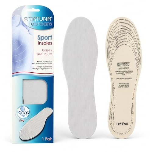 Fortuna Footcare Sport Insoles, Unisex Cut to Size Shoe Inserts UK 3-12, Triple Layer Cushioning, Shock Absorbing Odour Control Footbeds for Trainers, Running, Gym, Walking & Recreational Activities