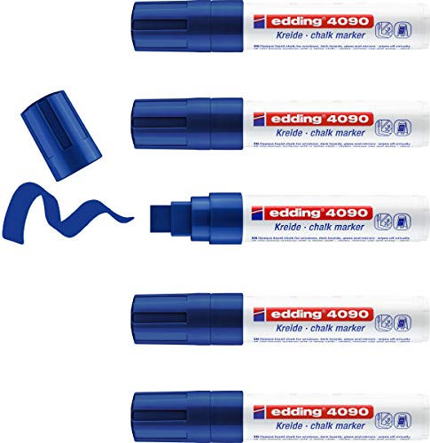 edding 4090 marcador de tiza - azul - 5 rotuladores de tiza - punta biselada 4-15 mm - rotuladores para cristal borrables - para pizarras, vidrio y espejos - tiza líquida de cobertura opaca