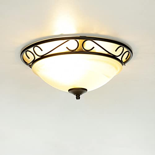 Licht-Erlebnisse Deckenlampe Antik, Deckenleuchte Landhausstil, Wohnzimmerlampe, Schwarz, Metall, Glas, Rustikal, blendarm, E27, 2-flammig, Ø38 cm rund, Deckenleuchte Küche