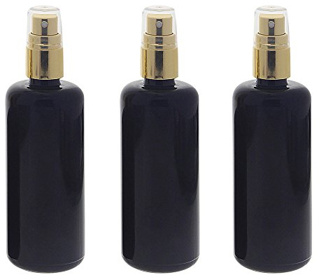 Violettglas Sprühflasche 100ml, stark lichtschützend, Lila Miron Glas-Flasche mit gold. Pumpzerstäuber, Flakon Kosmetex, 3× 100 ml