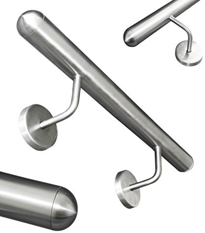 Edelstahl Handlauf V2A 42,4mm 240K geschliffen Wandhandlauf mit runder Endkappe Halbkugel 1600 mm