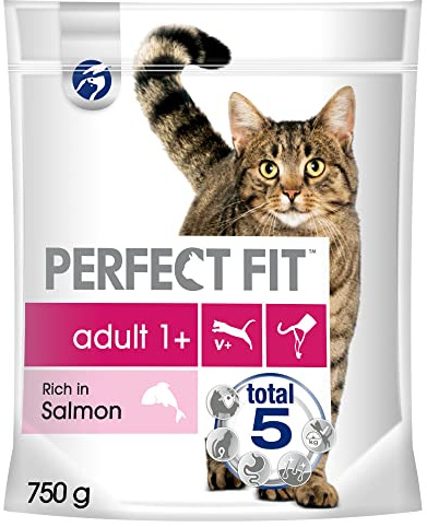 Perfect Fit Adult 1+ - Complete Dry Food for Adult Cats from 1 Year Old, Salmon, 3 Packs of 750 g