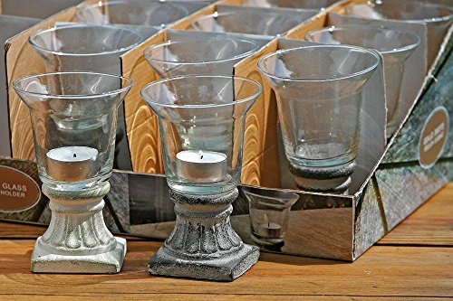 2 Stück Windlicht, Glaswindlicht, Windlicht auf antik wirkendem Fuß, Höhe 14 cm, Fuß farblich sortiert