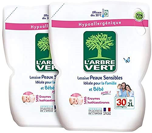 L'arbre vert Lessive Liquide Recharge pour Peau Sensible/Famille Hypoallergénique 30 Lavages 2 L - Lot de 2