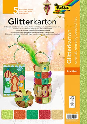 folia 85349 - Glitterkarton Oriental, farbig sortiert, 24 x 34 cm, 5 Blatt, 300 g/qm - für elegante und funkelnde Bastelarbeiten