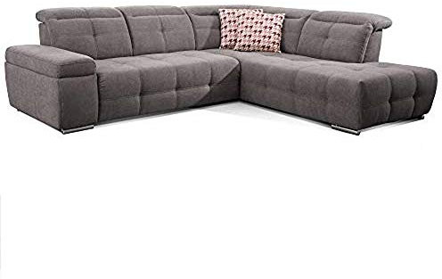 CAVADORE Schlafsofa Mistrel mit Ottomane rechts / Große Eck-Couch im modernen Design / Mit Bettfunktion / Inkl. verstellbare Kopfteile / Wellenunterfederung / 269 x 77-93 x 228 cm / Dunkelgrau