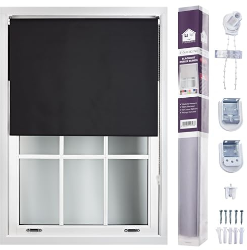 FURNISHED Roller Blinds Window Blackout Blind - 100% Black Out Thermal Fabric Easy Fit Fittings - Custom Made to Measure Blackout Blind Bedroom Bathroom Kitchen, Black, Up to 210W x 210H cm