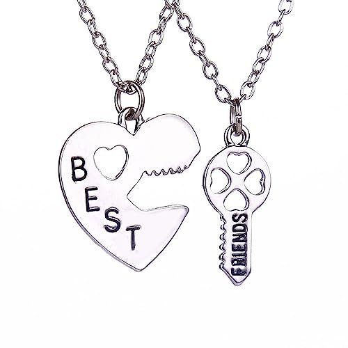 Elegante Rose, collana in 2 pezzi (un cuore e una chiave), con scritta in lingua inglese Best Friends, in argento, set per amici
