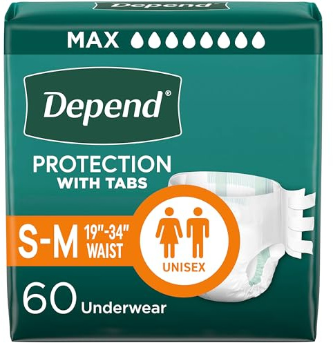 Depend Adult Diapers with Tabs, Unisex, S/M (19-34 Waist), 60 Count