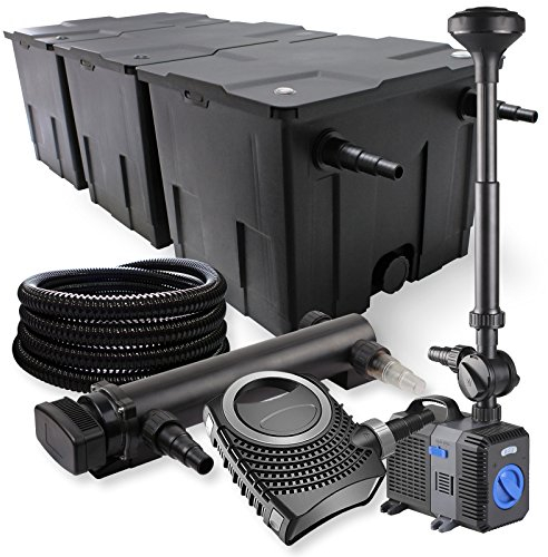 SunSun Komplettset: CBF-350C Teichfilter bis 90000 L Teichfilteranlage, NEO10000 Teichpumpe 10000l/h 80W, CUV-336 Teichklärer 36W, 25m Teichschlauch 25 mm, CTP-5003 Springbrunnen 5000l/h 30W
