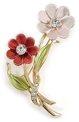 Broche florale à deux marguerites Rose/corail/olive – 50 mm L, taille unique, émail, diamante