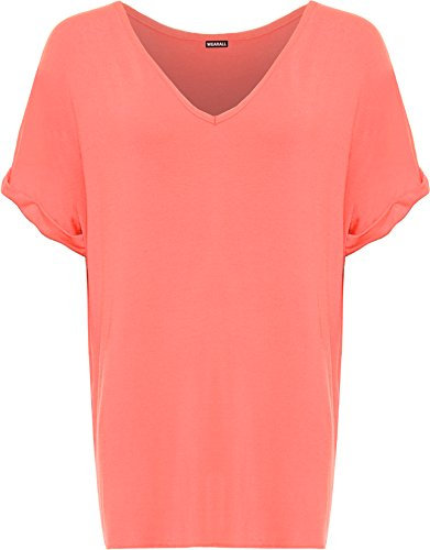 WearAll Women's New Plus Size Womens Short Turn Up Sleeve Baggy Plain Top Ladies V-Neck T-Shirt - Coral - 20-22
