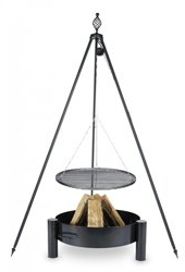 Dreibein Grill OSKAR Höhe 210cm + Grillrost aus Rohstahl Durchmesser 70cm + Feuerschale Pan33 Durchmesser 80cm