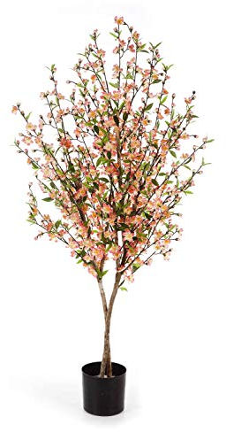 artplants.de Kunst Kirschbaum ZADAR, weiß - orange - rosa Blüten, 663 grüne Blätter, 140cm - Künstlicher Kirschbaum - Deko Baum