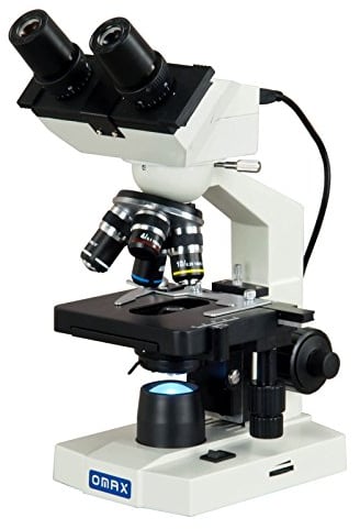 OMAX - Microscopio composto digitale LED MD82ES10 40X-2000X con fotocamera integrata da 1,3 MP e palco meccanico a doppio strato compatibile con Windows e Mac