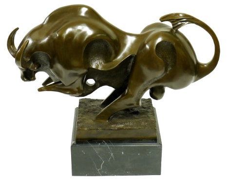 XXL Bronzefigur - Kraftvoller Stier - signiert von Milo - Riesige Stier Bronzeskulptur auf Marmorsockel - Moderne Kunst - Braun