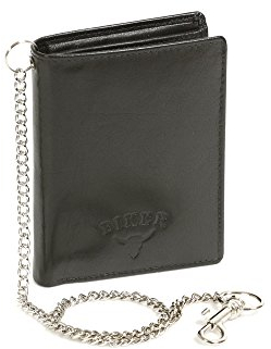 BIKER Portafoglio per Uomo e Donna con Catena Cromo Formato Verticale, Vera Pelle, Nero - ''LEAS Chain-Series''