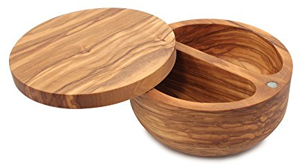 Swissmar Palermo Olive Wood Salt Keeper – Dual Compartment with Magnetic Swivel Lid, Countertop Spice Jar for Sugar, Spices, Seasonings, Kitchen Storage Canister, 8.8 oz - 260 ml