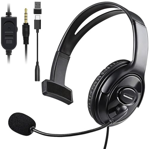 Wired Single Ear Headset with 3.5mm Jack & USB-C & USB-A Adapter for PS5, PS4, Xbox, Switch, PC, iPhone, iPad, Android - Unilateral Mono Headphone for Gaming, Call Center, Remote Work, Online Classes